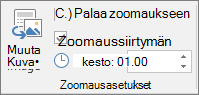 Näyttää osan tai dian zoomauksen Zoomausasetukset-ryhmän Muotoile-välilehden Zoomaus-asetukset-ryhmän PowerPointissa.