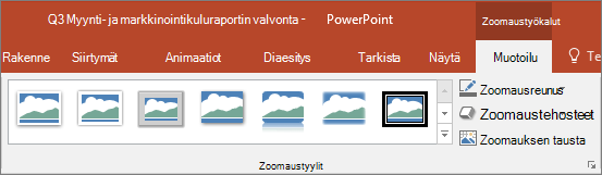Näyttää eri zoomaustoiminnon tyylit ja tehosteet PowerPointin Muotoile-välilehdessä.