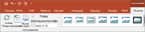 Näyttää Zoomaustoiminnon työkalut -valikon PowerPointin valintanauhan Muotoile-välilehdessä.