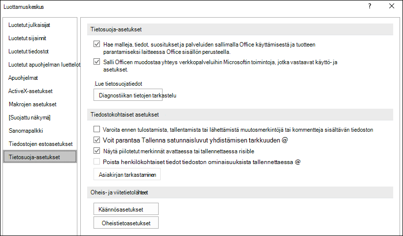 Officen luottamuskeskuksen tietosuoja-asetukset