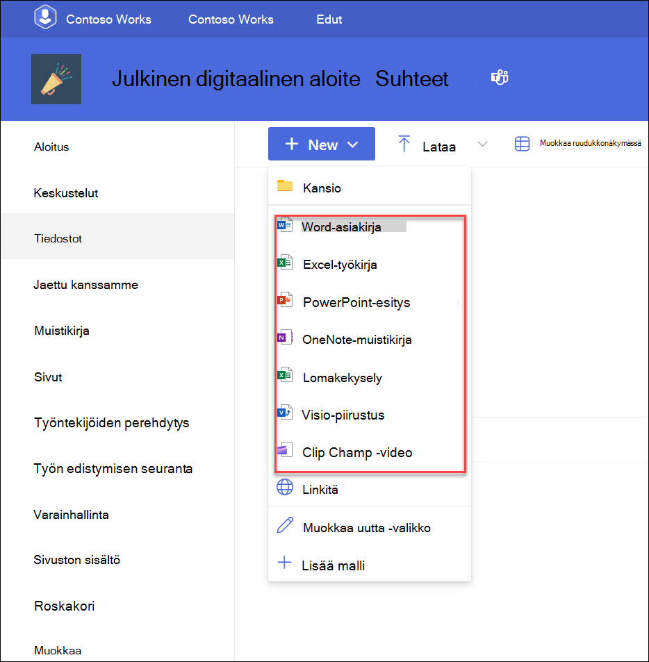 näyttökuva avattavasta valikosta uusien tiedostojen lisäämiseksi