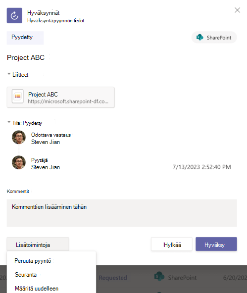 Näyttökuva hyväksyntäpyynnön tiedoista sovelluksessa.