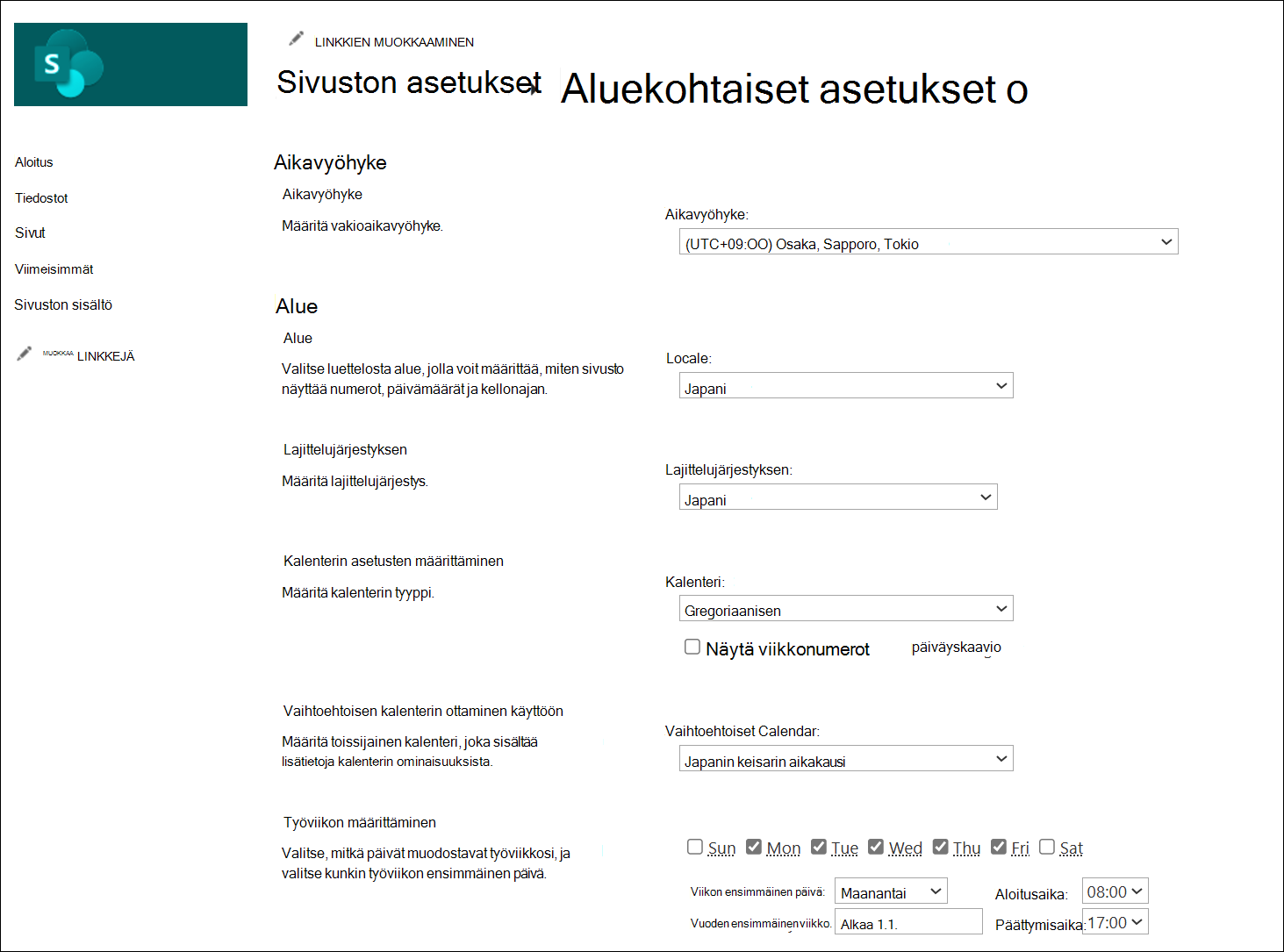 näyttökuva alueen asetusten muuttamisesta