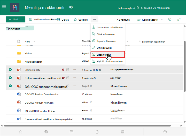 Voit valita ja kuitata sisään useita SharePoint-kirjaston tiedostoja.