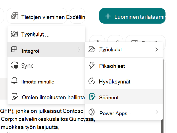 Näyttökuva, jossa näkyy Luo sääntö luettelon automatisointia varten SharePointissa.