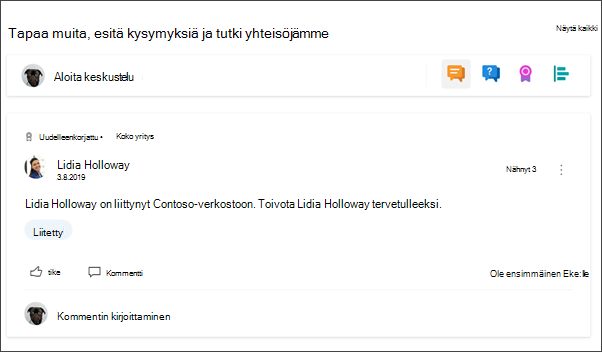 Kuva Yammer-verkko-osasta osaston sivustossa