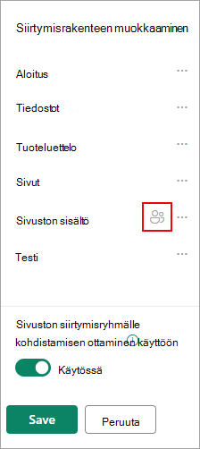Kuvake vahvistaa kohdennetut linkit Muokkaa siirtymistä -kohdassa.