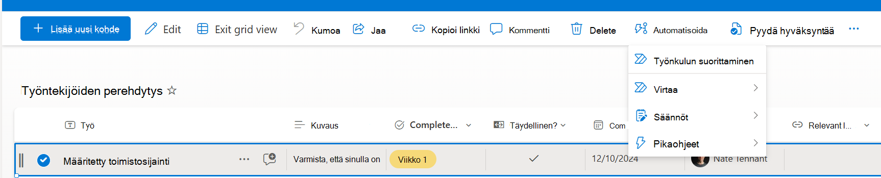 Valittu kohde ja pikatoiminnon suorittamisvaihtoehto