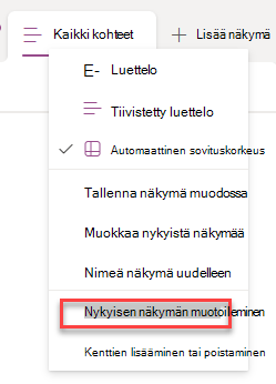 näyttökuva muotoilun nykyisen rivin valitsemisesta