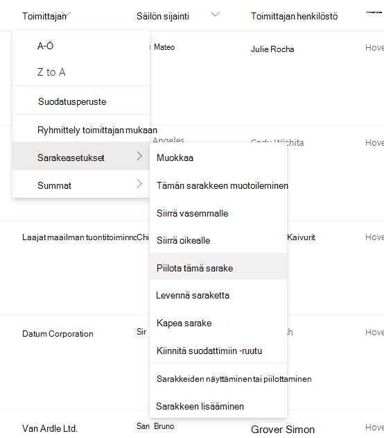 Sarakeasetukset > Piilota tämä sarakeasetus, kun sarakeotsikko on valittuna nykyaikaisessa SharePoint-luettelossa tai -kirjastossa