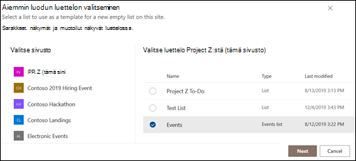 Aiemmin luodun luettelon valitseminen