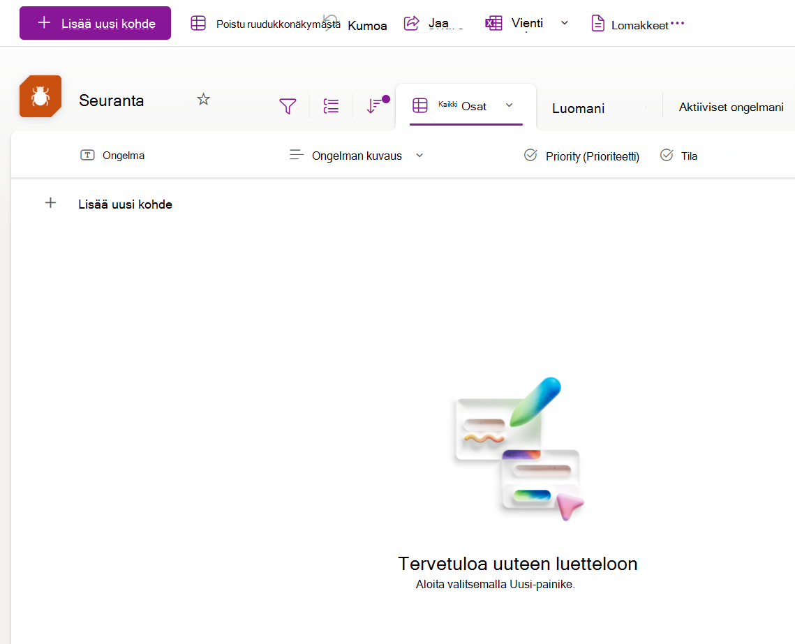 Näyttökuva ongelmanseurantamallista luodusta uudesta luettelosta