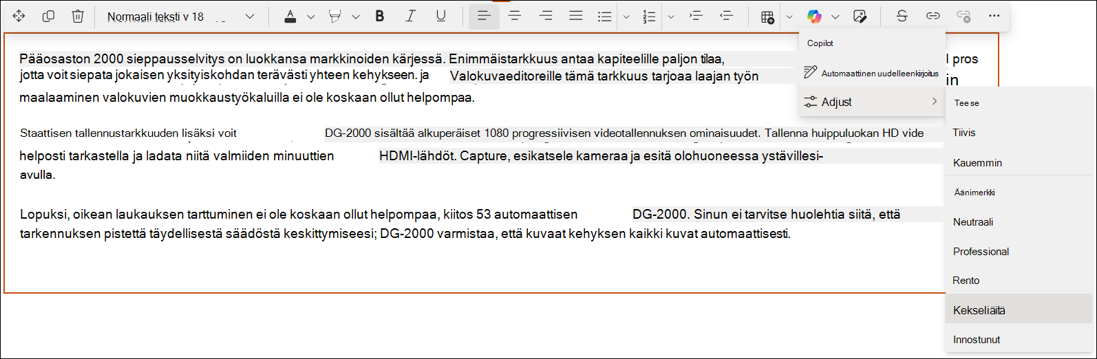 Näyttökuva SharePoint-editorin Copilot-pikanäkymästä