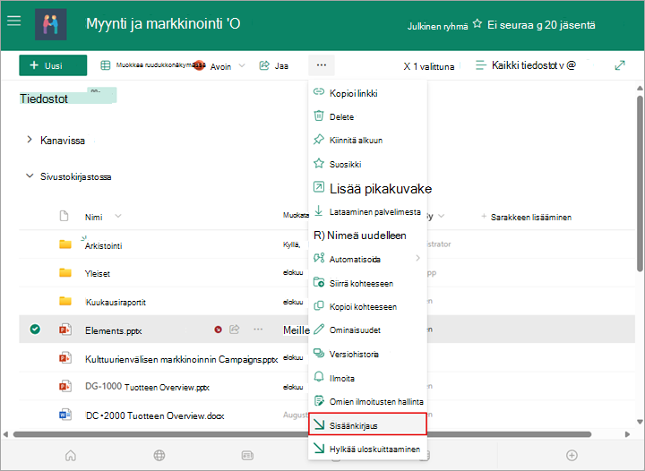 Voit palauttaa tiedoston kirjastoon valitsemalla sisäänkuittauksen vaihtoehdon.