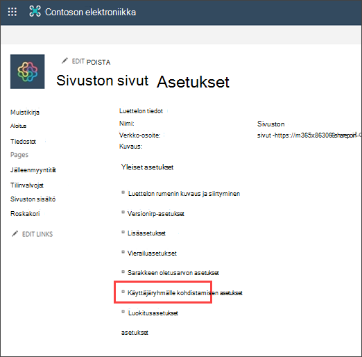 Asetukset-sivu, jossa käyttäjäryhmäkohdennus on korostettuna