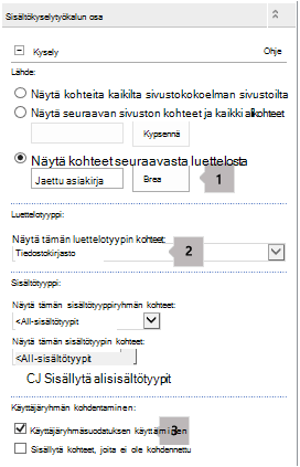 Sisältökyselyn WWW-osan ominaisuuksien luettelo, jossa on kolme kuvaselitettä