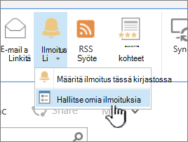 SharePoint 2016:n Hallitse ilmoitusta -painike korostettuna