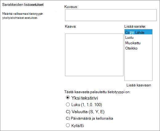 Lasketun sarakkeen vaihtoehdot