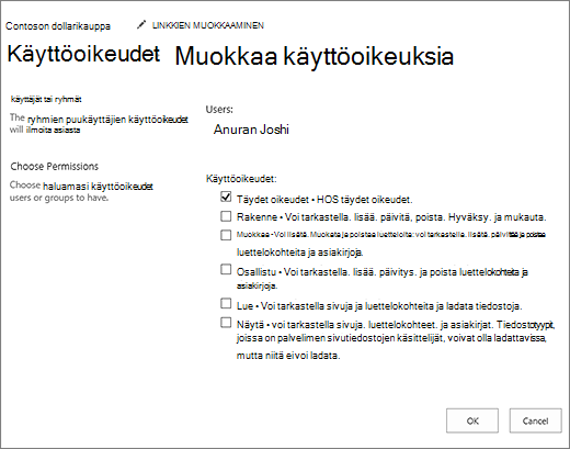 Käyttöoikeustason muuttaminen käyttöoikeusvalintaikkunassa