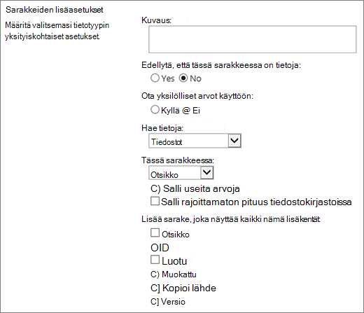 Hakusarakkeen vaihtoehtojen valintaikkuna