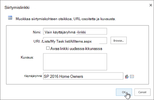 Siirtymislinkin ominaisuudet ja OK korostettuna.