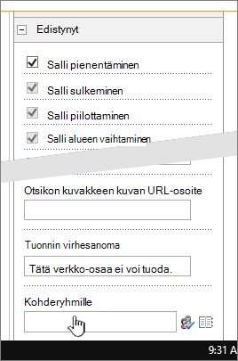 WWW-osan ominaisuuksien lisäasetusosa, jossa käyttäjäryhmä on korostettuna