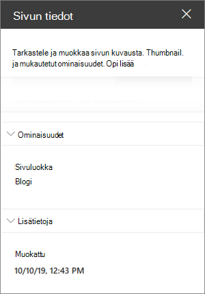Sivun tiedot -ruutu, jossa on blogin Sivu-luokka