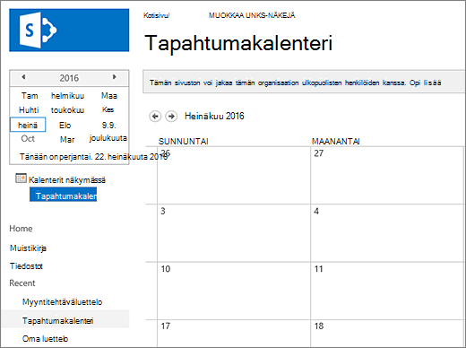 Esimerkki kalenteriluettelosovelluksesta