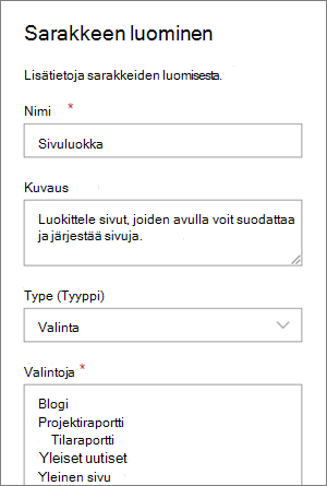 Esimerkki luokkavalintasarakkeen määrittämisestä blogeja varten