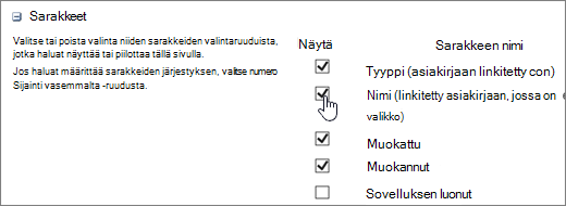 Sarakkeiden valinta