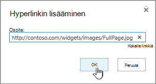Hyperlinkki-valintaikkuna, jossa verkko-osoite ja OK-painike ovat korostettuina