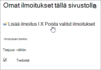 Omien ilmoitusten hallinta, jossa ”Poista valitut ilmoitukset” näkyy korostettuna