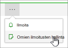 SharePoint Onlinen Hallitse ilmoituksia -painike korostettuna