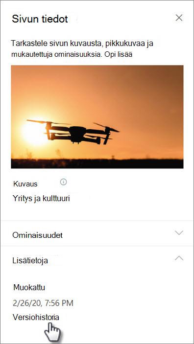 Näyttökuva Sivun tiedot -kohdan alapuolella olevasta versiohistorialinkistä