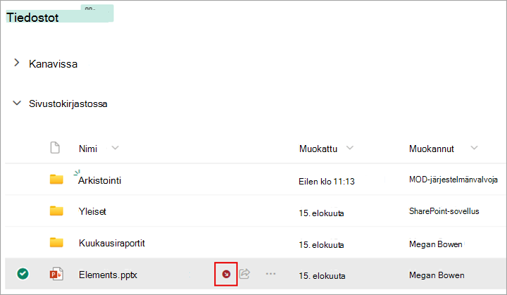 Uloskuitatun tiedoston vieressä näkyy symboli.