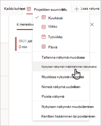 Näyttökuva, jossa näytetään, miten voit valita Aseta nykyinen näkymä oletuskomennon luetteloissa.