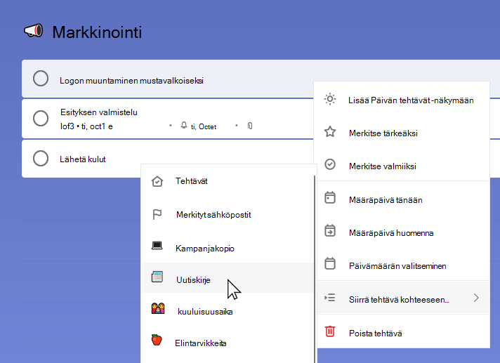 Markkinointiluettelo, jossa tehtävä Muunna logo mustavalkoiseksi on valittuna ja pikavalikko avattuna. Siirrä tehtävä kohteeseen on valittu ja Uutiskirjeluettelo on valittuna.