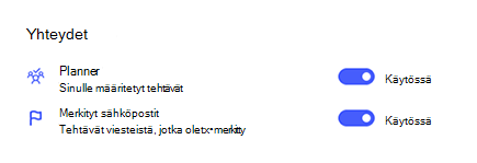 Näyttökuva Asetukset-kohdan Yhteydet-toiminnosta, jossa Planner ja Merkityt sähköpostit on otettu käyttöön