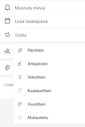 Toista-toiminto valittuna ja siinä valittavissa vaihtoehdot Päivittäin, Arkipäivisin, Viikoittain, Kuukausittain, Vuosittain ja Mukautettu
