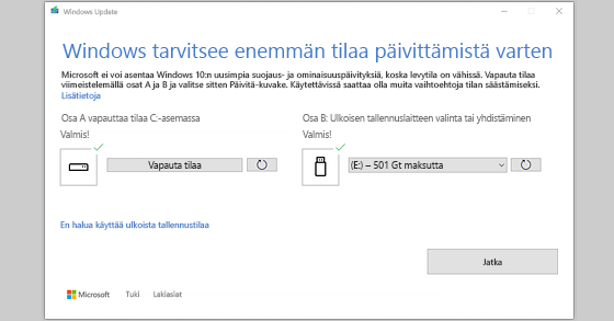 Windows tarvitsee lisää tilaa päivitysilmoitusta varten