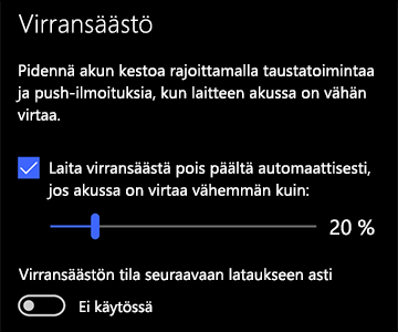 Kuva virransäästön asetuksista