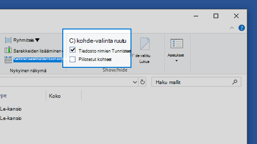 Tiedostonimen tunnisteiden näyttämisen ottaminen käyttöön Windowsissa
