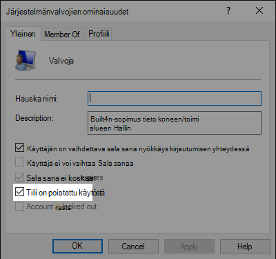 Tilin ominaisuudet -valintaikkuna