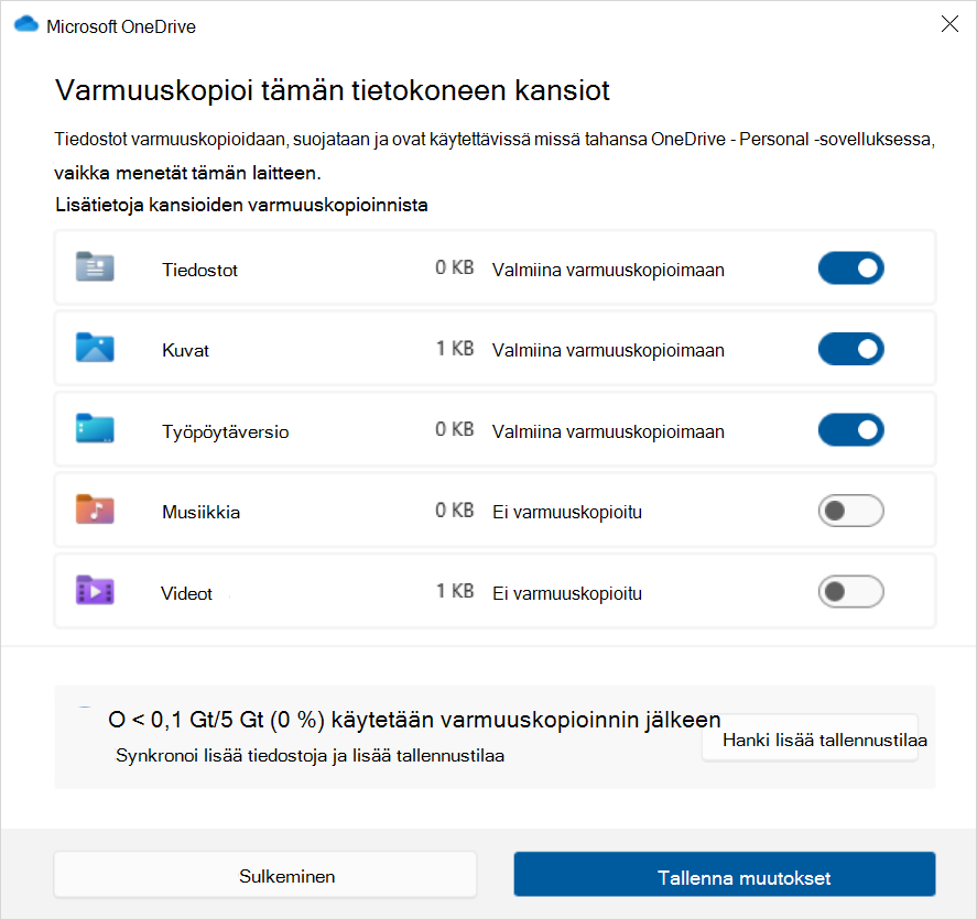 Näyttökuva onedrive-varmuuskopiosta Windows 10.