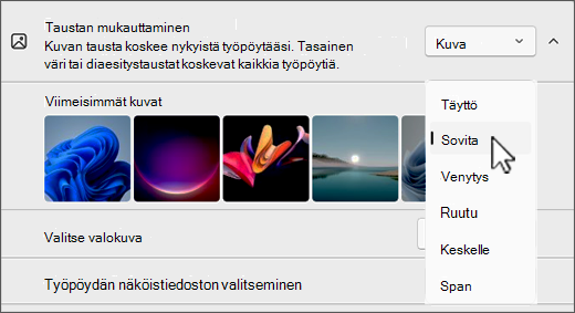 Näyttökuva työpöydän mukauttamisesta kuvavaihtoehtoihin sopivaksi.