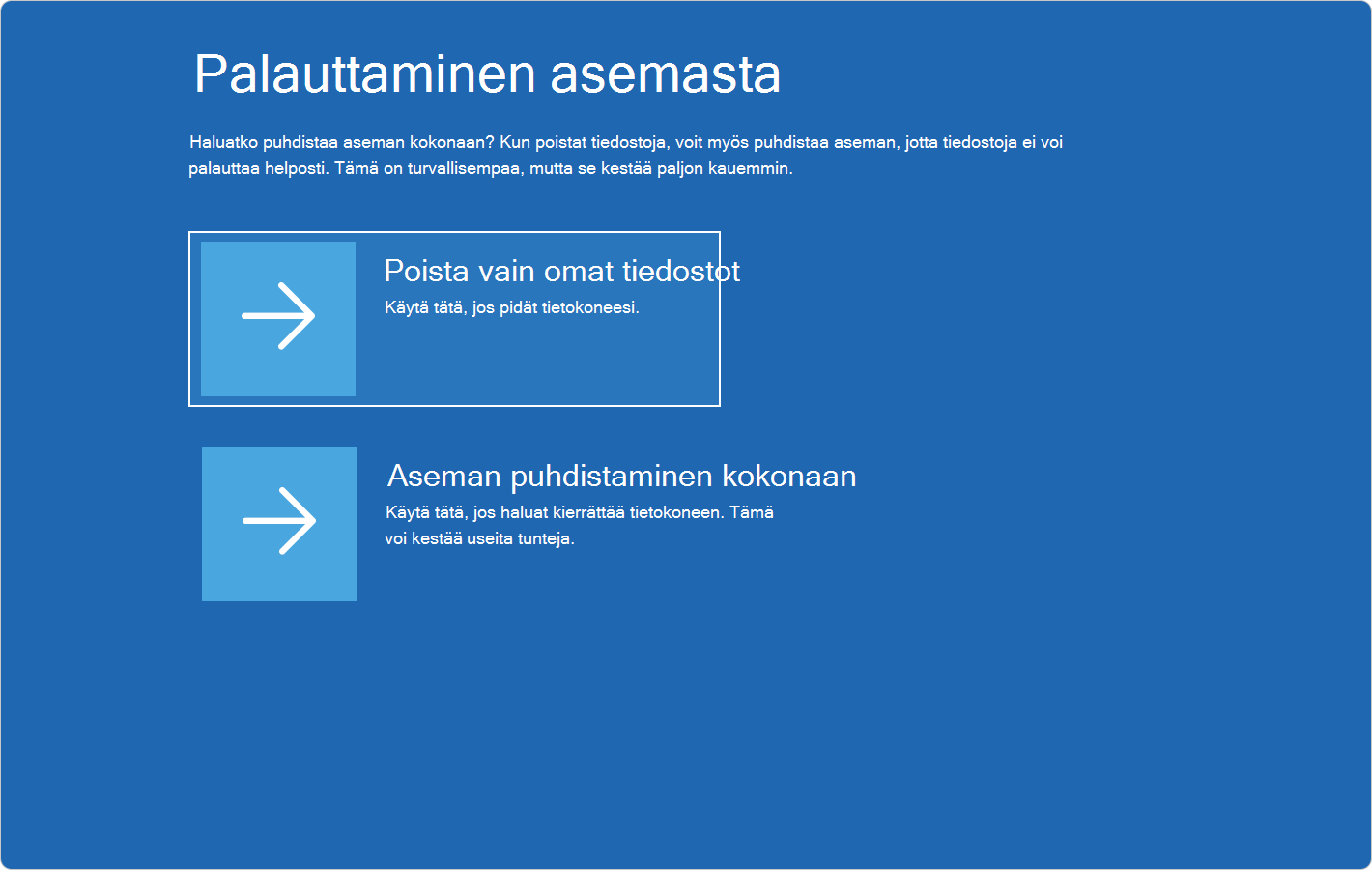 Näyttökuva Windowsin palautusympäristöstä, jossa näkyy asemasta palauttamisen asetukset