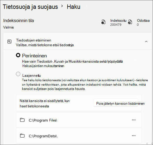 Näyttökuva, jossa näkyy WindowsIn hakuasetukset.