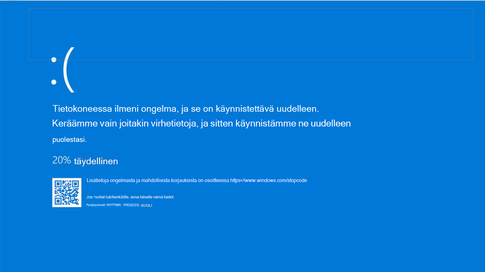 Näyttökuva stop code -virheestä Windows 10