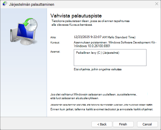 Näyttökuva järjestelmän palauttamisesta.