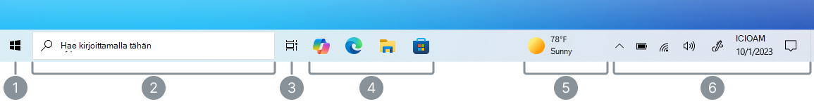 Näyttökuva Windows 10 tehtäväpalkista, jossa on selite kullekin osalle.